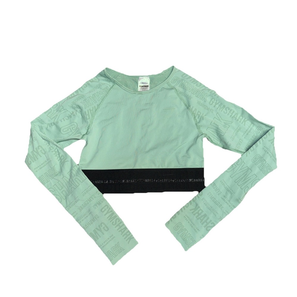Gymshark Sage Green and Black Long Sleeve Crop Top Size Small Preppy Activewear